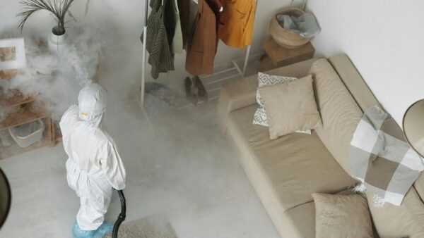 Professional exterminators providing pest control treatment for a property