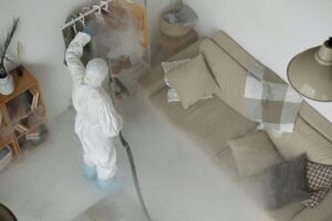 Licensed pest control professionals preparing safe treatment for a home