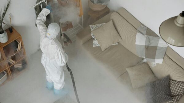 Licensed pest control professionals preparing safe treatment for a home