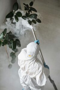 Pest control technician inspecting a home for pest activity and entry points